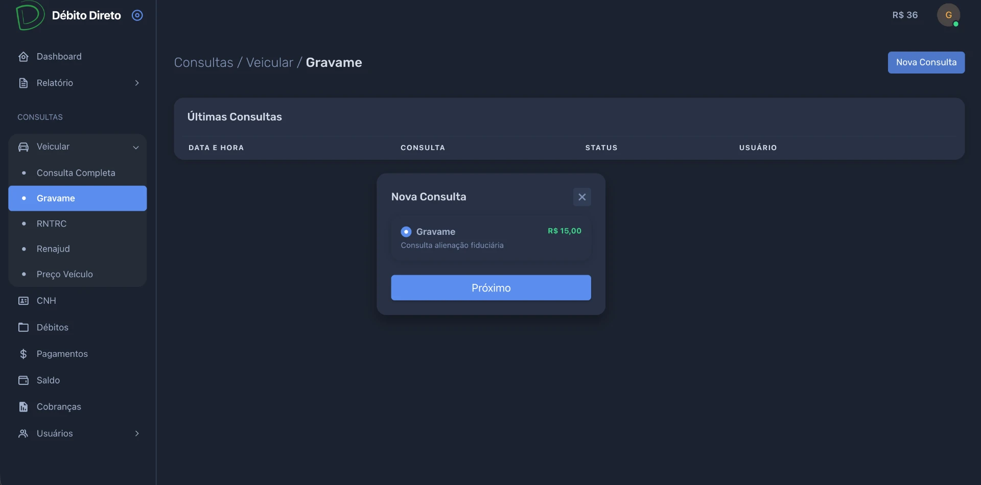 Modal de nova consulta com escolha do tipo de consulta e valor