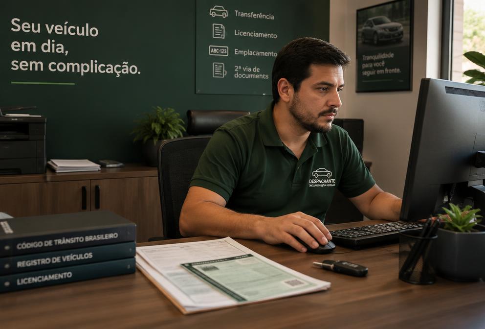 Despachante trabalhando com documentos veiculares no computador