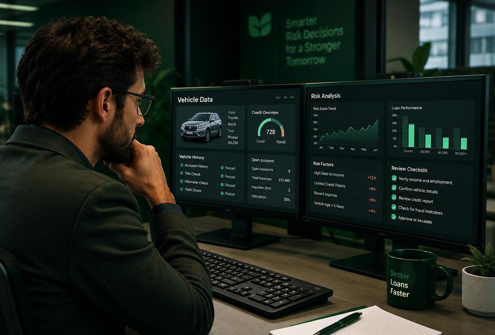 Analista de risco avaliando dados de veículos e crédito em monitores
